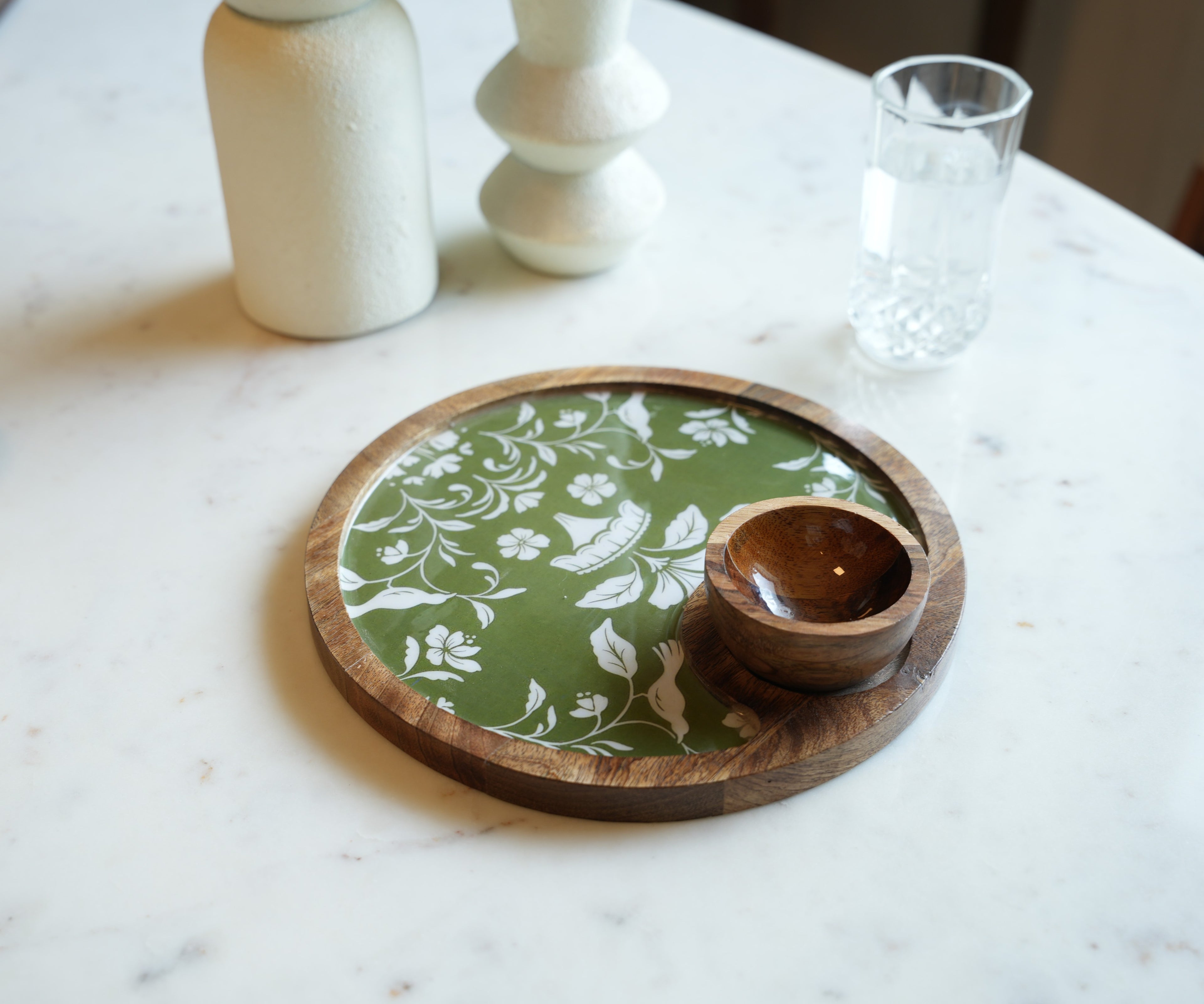 Floral Wooden Serving Platter with Bowl
