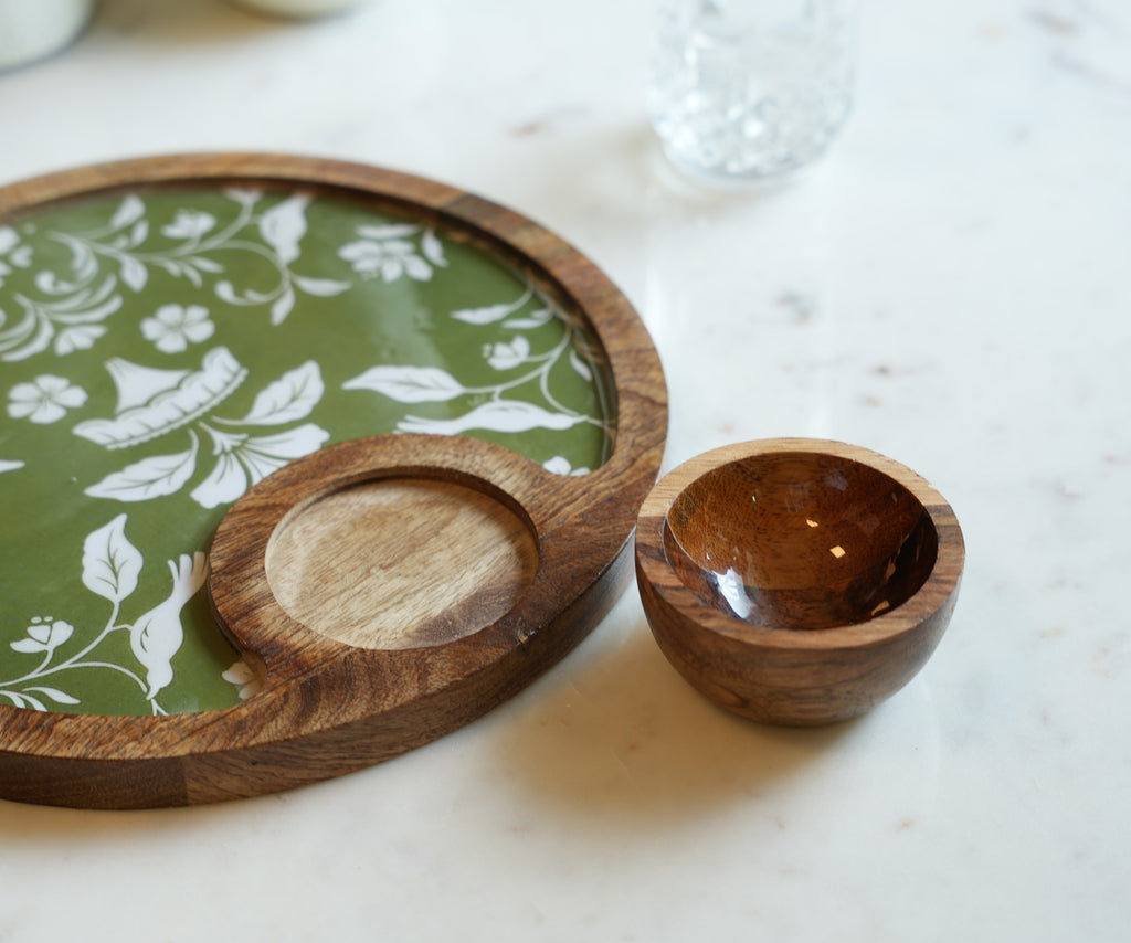 Floral Wooden Serving Platter with Bowl