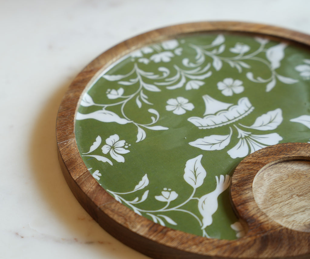 Floral Wooden Serving Platter with Bowl