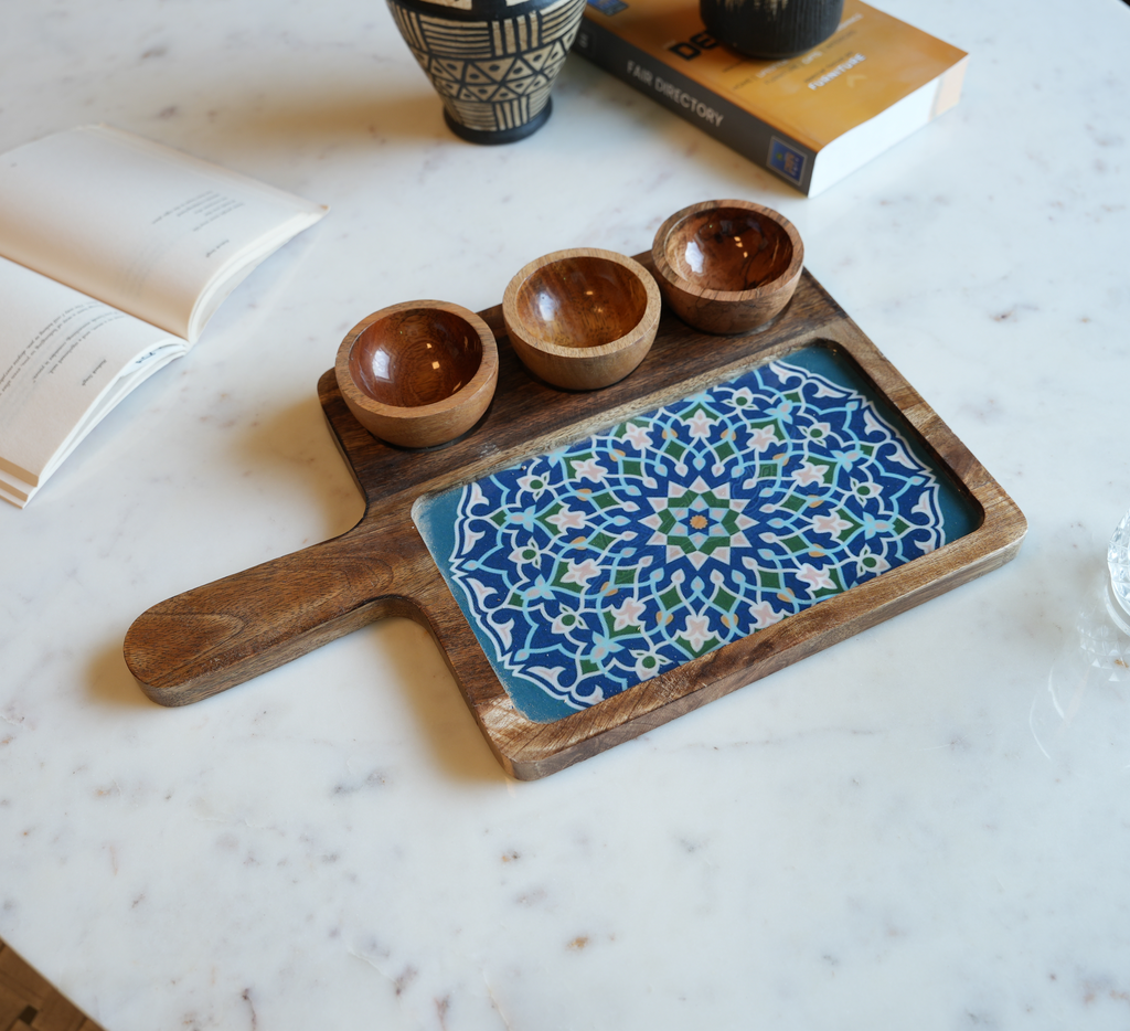 Mango Wood Serving Tray with 3 Bowls