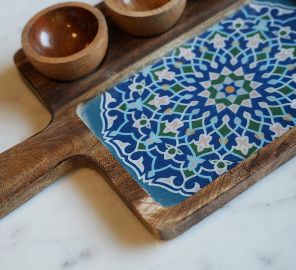 Mango Wood Serving Tray with 3 Bowls