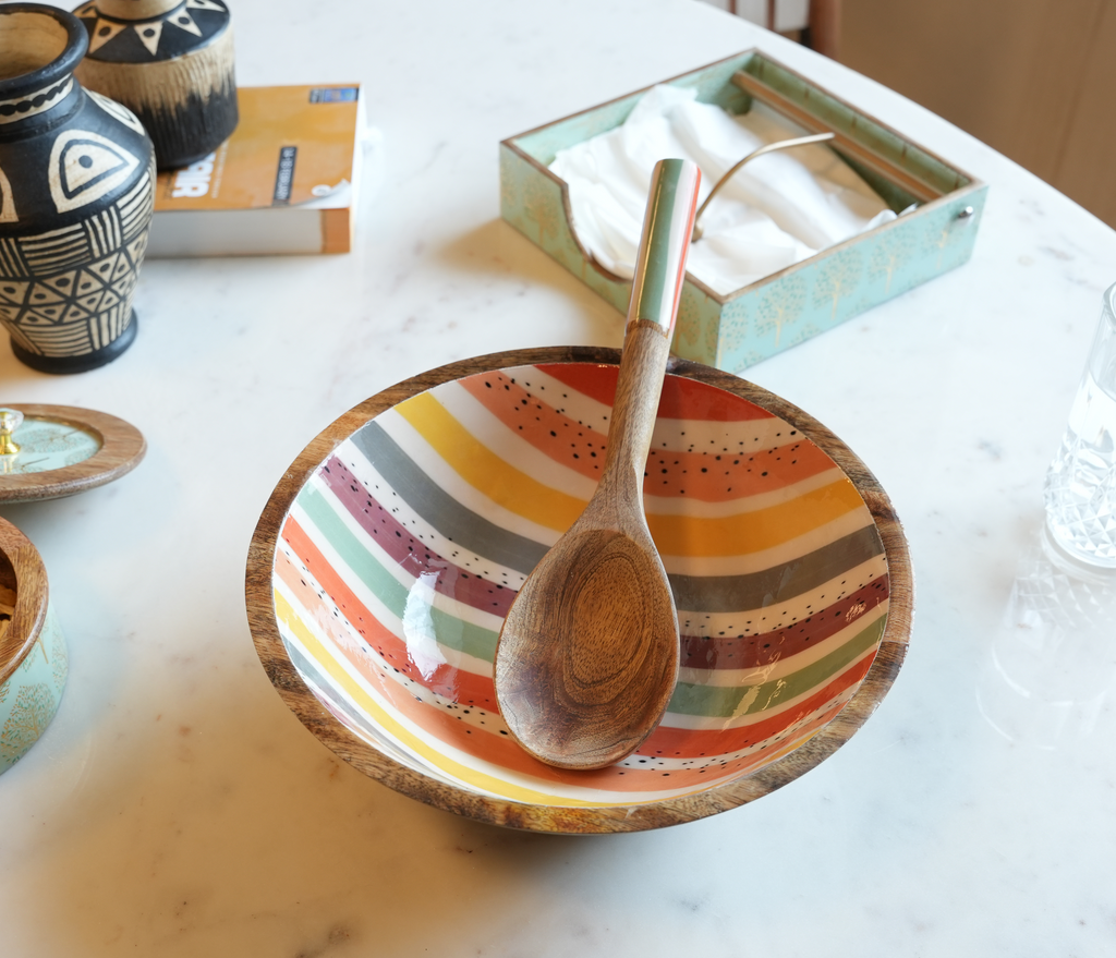 Artisan Mango Wood Serving Bowl Set with Spoon
