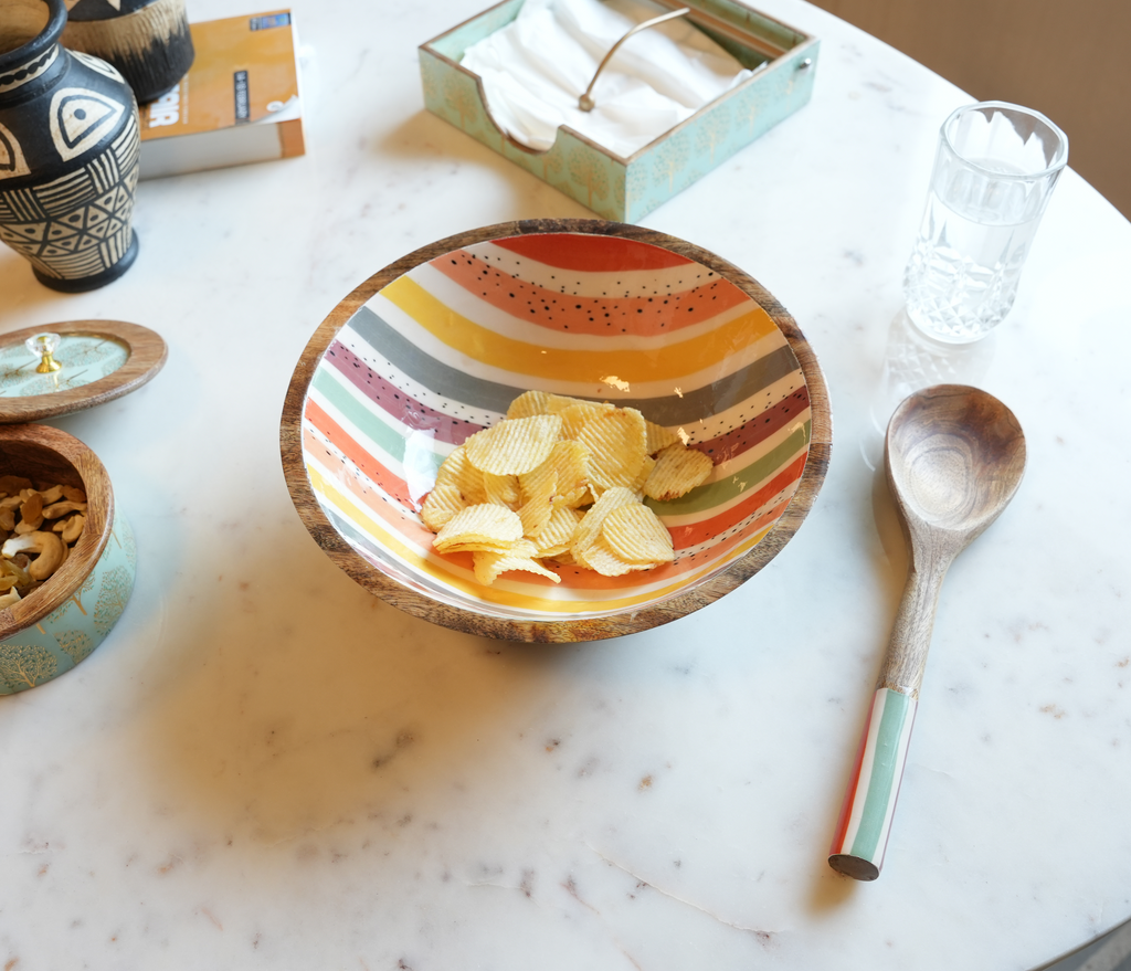Artisan Mango Wood Serving Bowl Set with Spoon